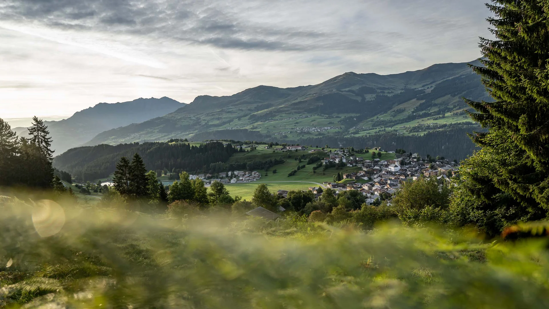 Bergdorf mit grünen Wiesen und Wäldern unter bewölktem Himmel