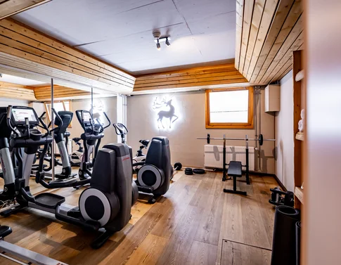 Fitnessraum mit Trainingsgerät, Hantelbank und Holzwänden