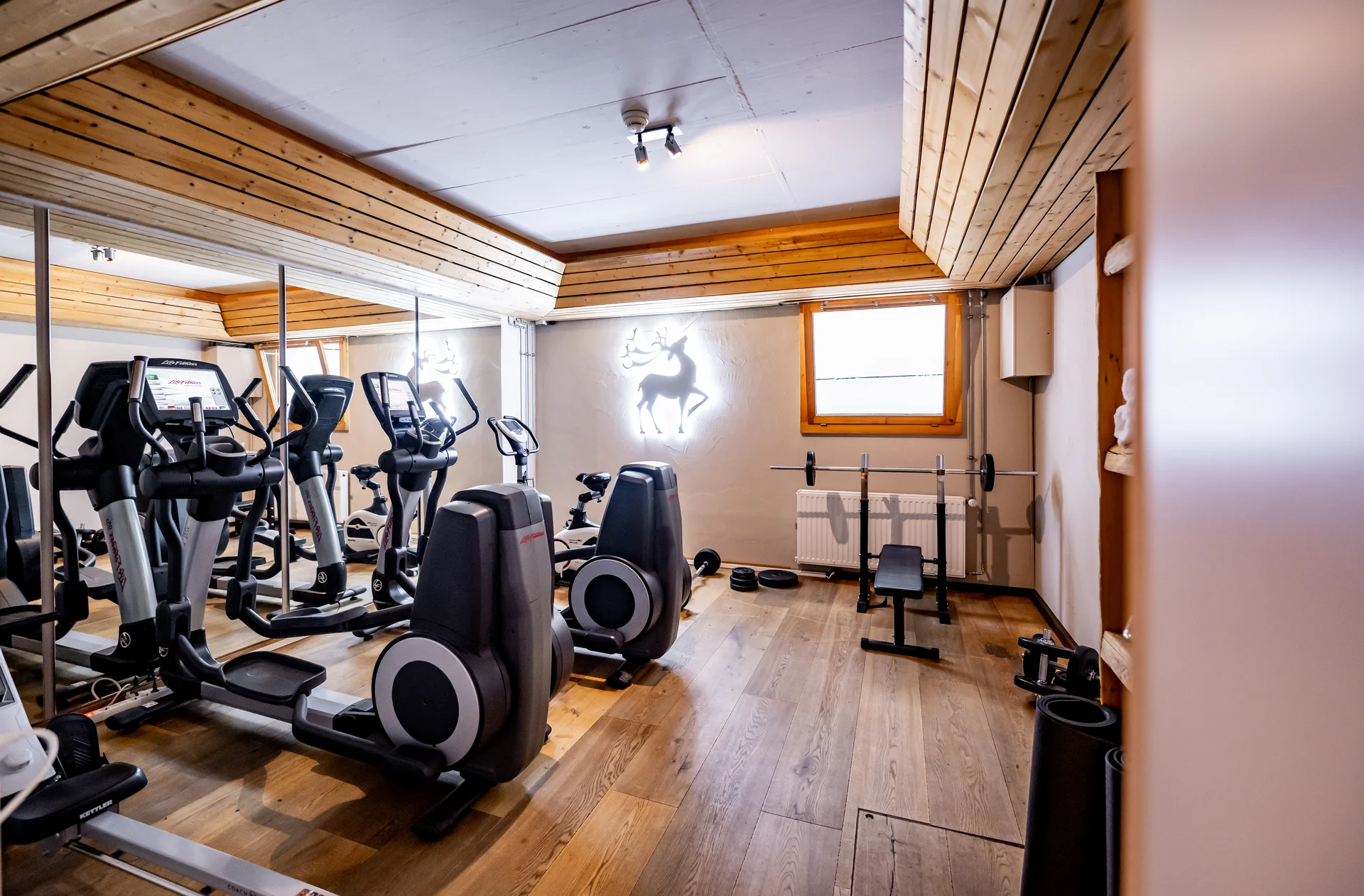 Fitnessraum mit Trainingsgerät, Hantelbank und Holzwänden