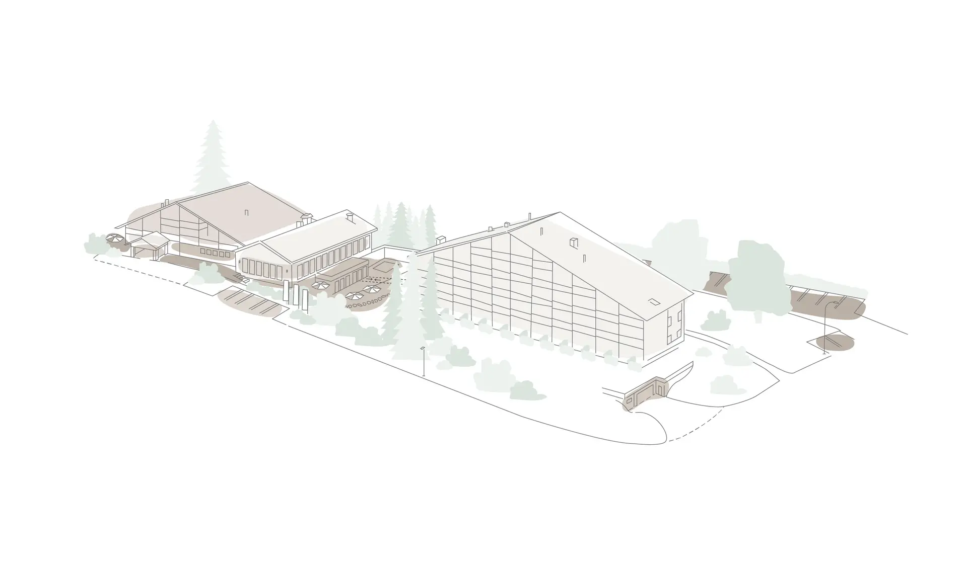 La Val Hotel & Spa: Ihr Hotel in Breil/Brigels Isometrische Zeichnung eines Gebiets mit zwei Gebäuden und umliegenden Bäumen