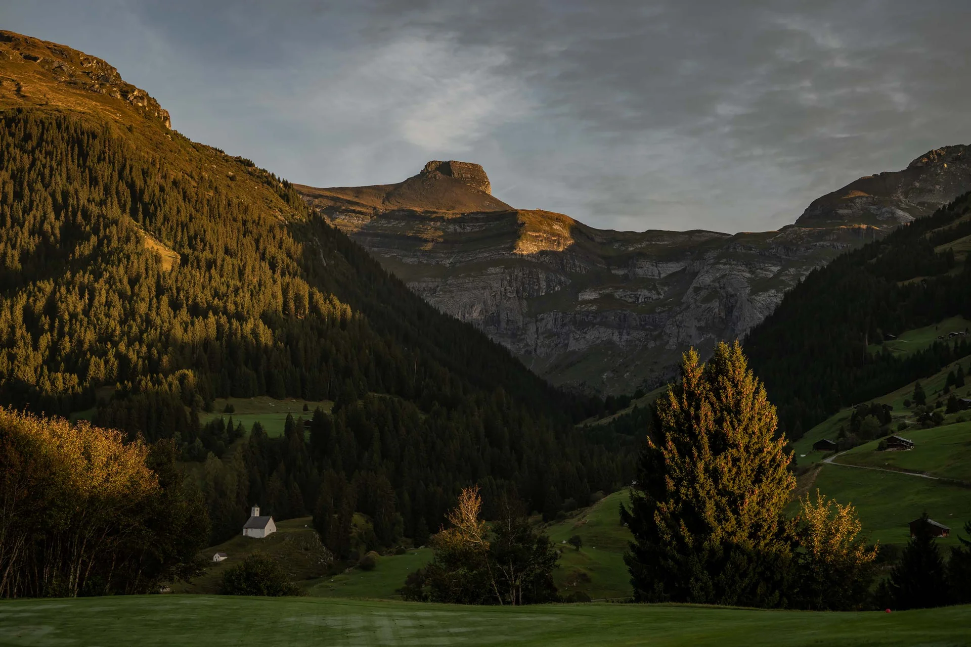 Berglandschaft mit Tannen, grünem Tal und Kirche im Sonnenuntergang